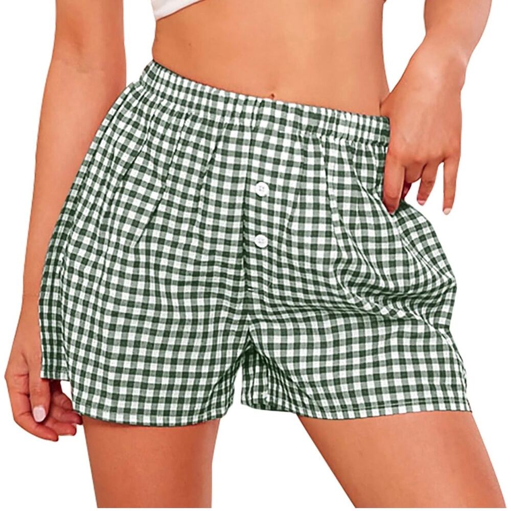 Urban Rebel | Green/White Preppy Gingham Summer Loungewear Casual Boxer Shorts